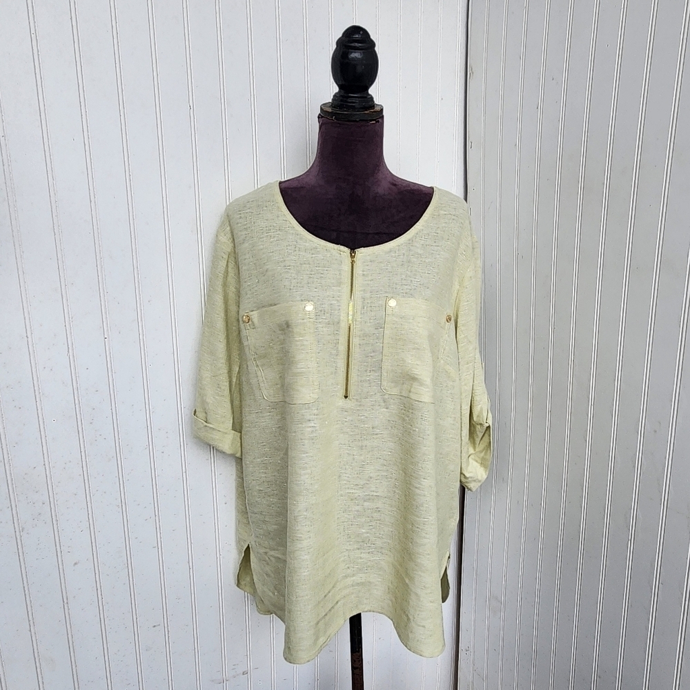 Anne Klein Linen Rayon Roll Tab Zip Tassle Short Sleeve Top Blouse Lt. Green XL